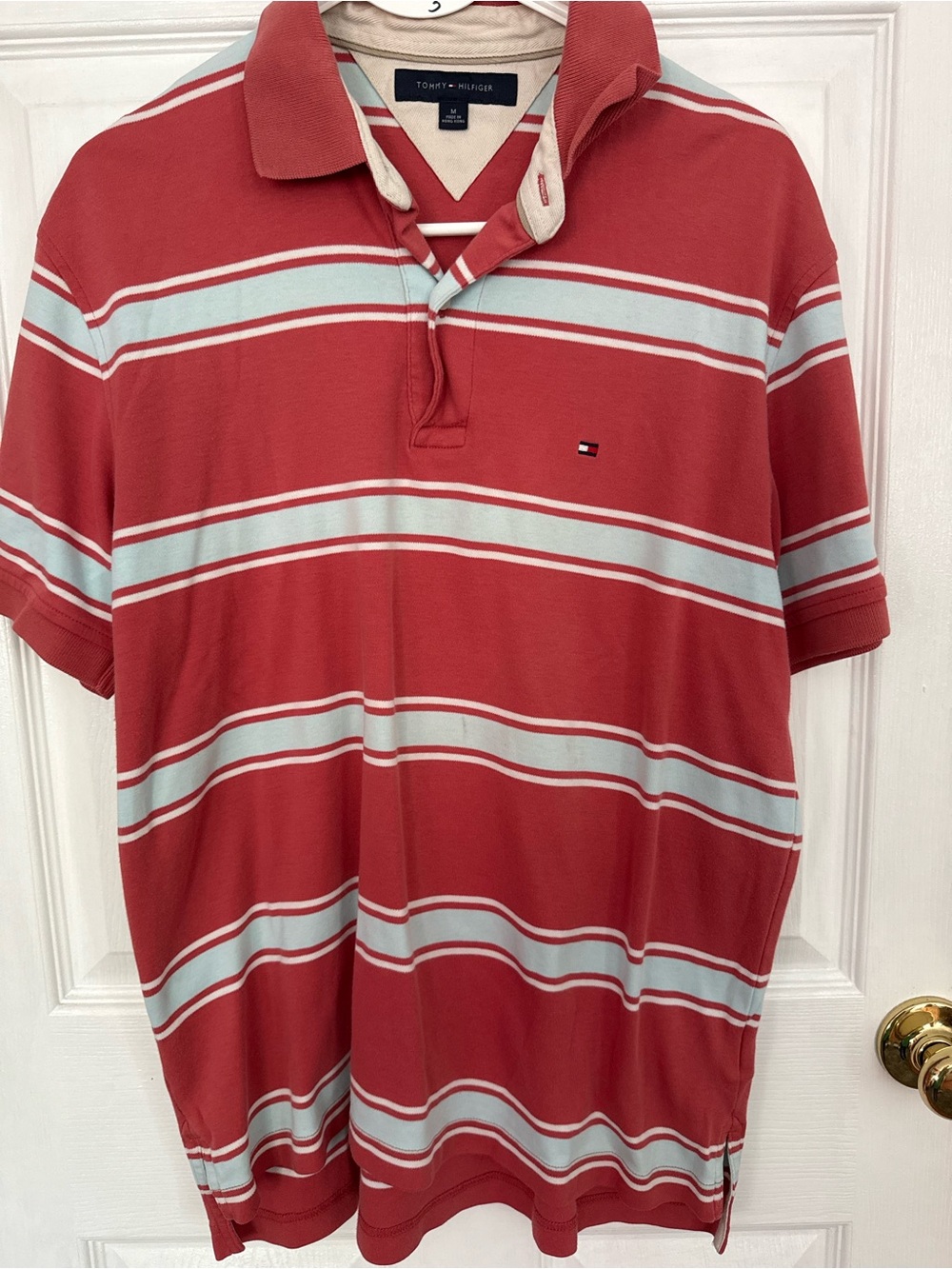 Tommy Hilfiger Coral Red Polo with Light Blue and White Stripes